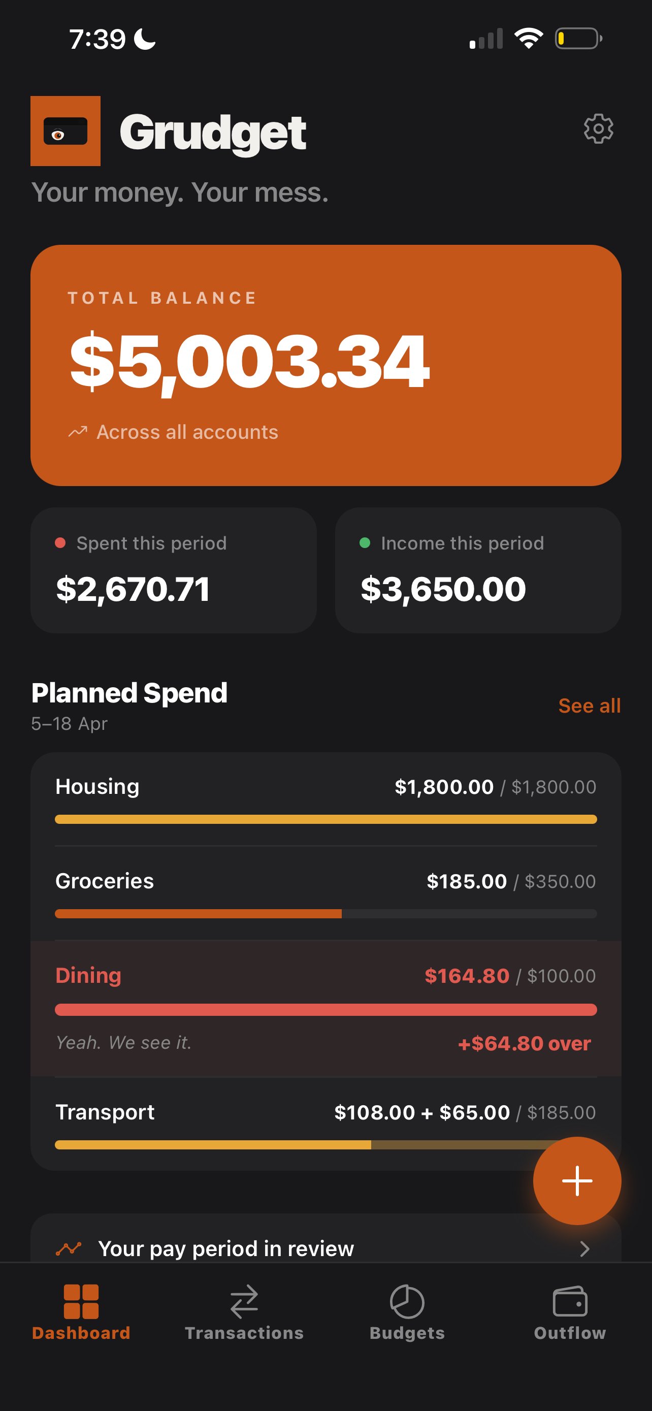 Grudget dashboard showing total balance, spent and income