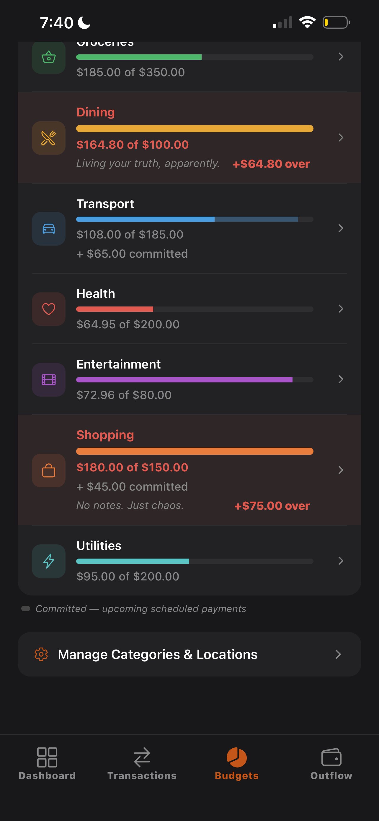 Budget category details with commentary