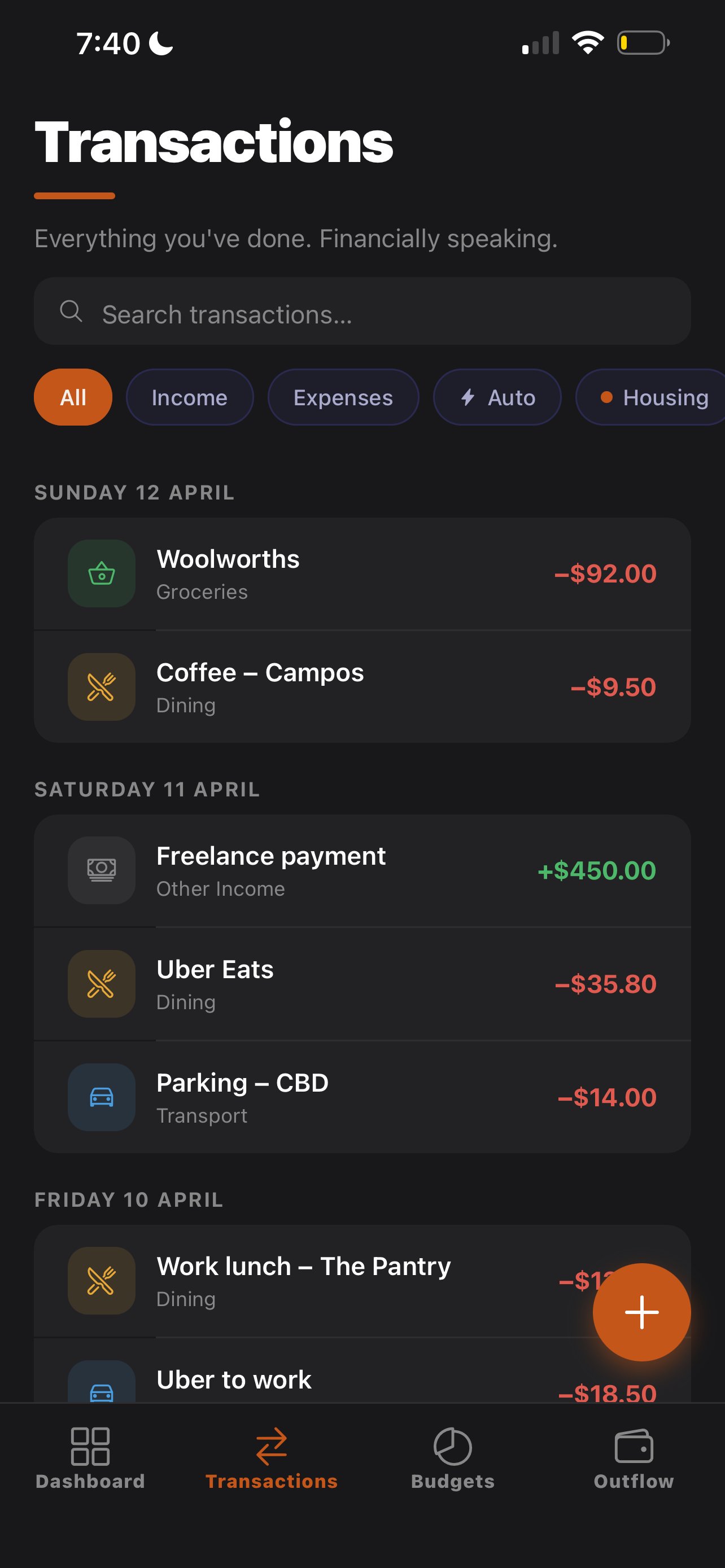 Transactions list grouped by date
