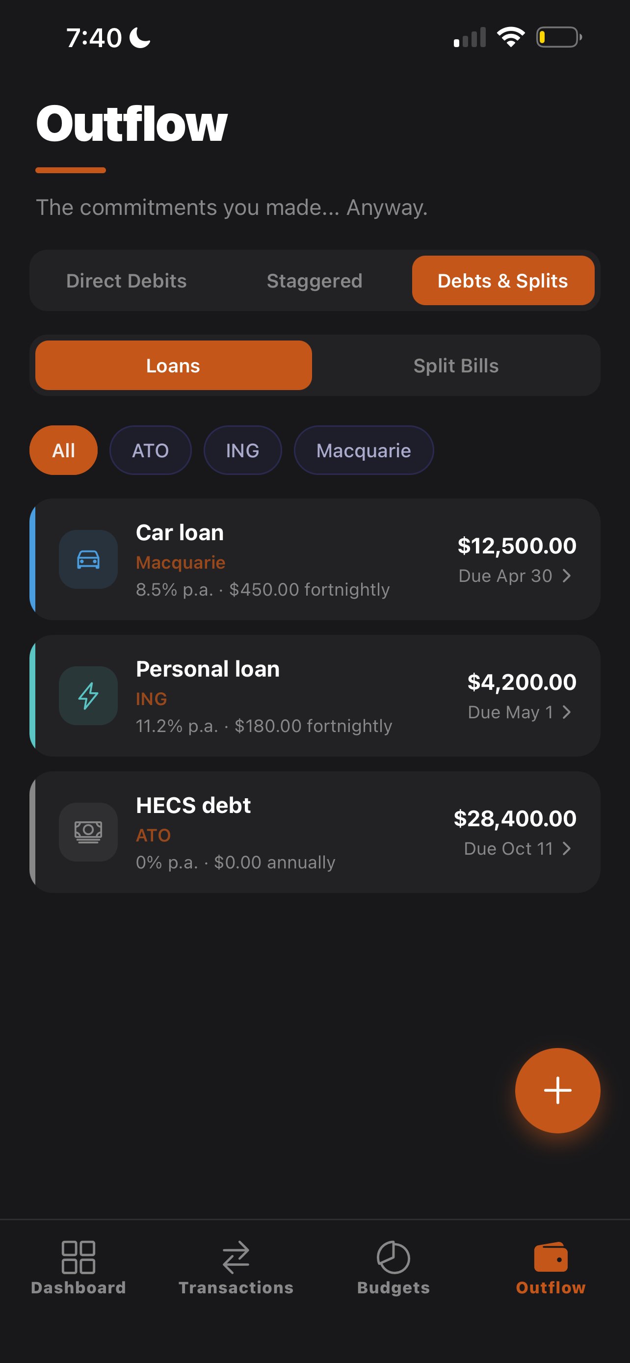 Loans screen with balance and due dates