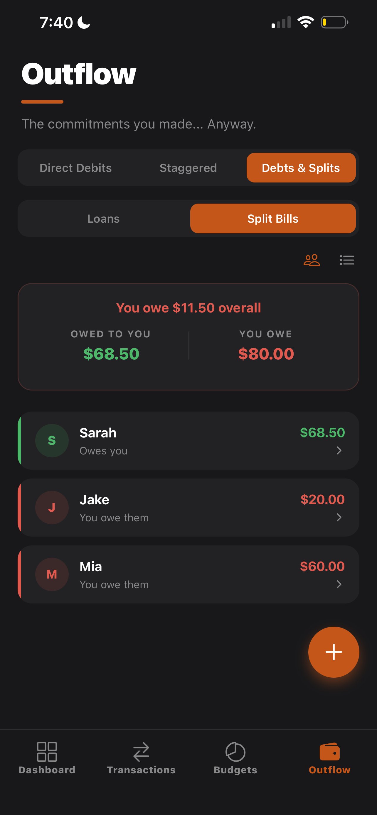 Split bills showing who owes what